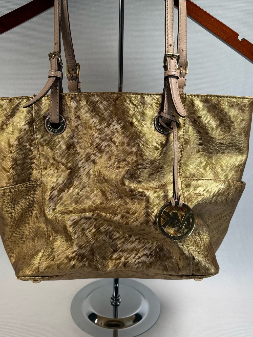 Michael Kors Jet Set East West Signature Gold Metallic Tote Purse Tote Bag